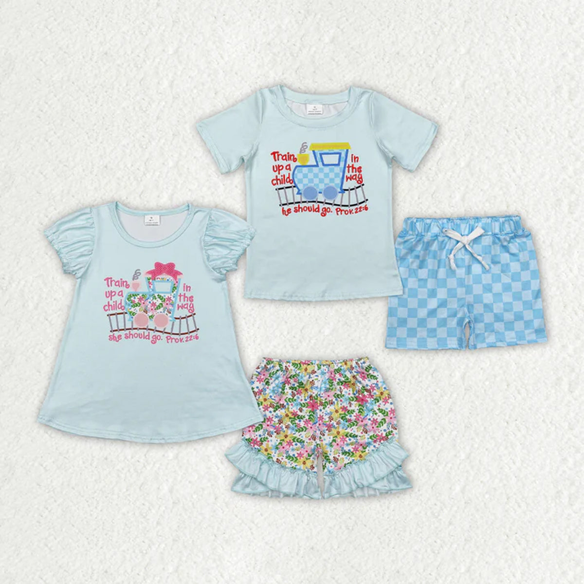 RTS Sibling Baby Boys Girls  Blue Checkered Train Shirt Shorts Clothes Sets
