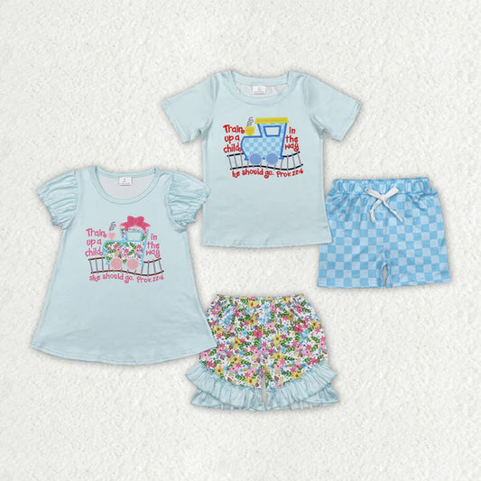 RTS Sibling Baby Boys Girls  Blue Checkered Train Shirt Shorts Clothes Sets