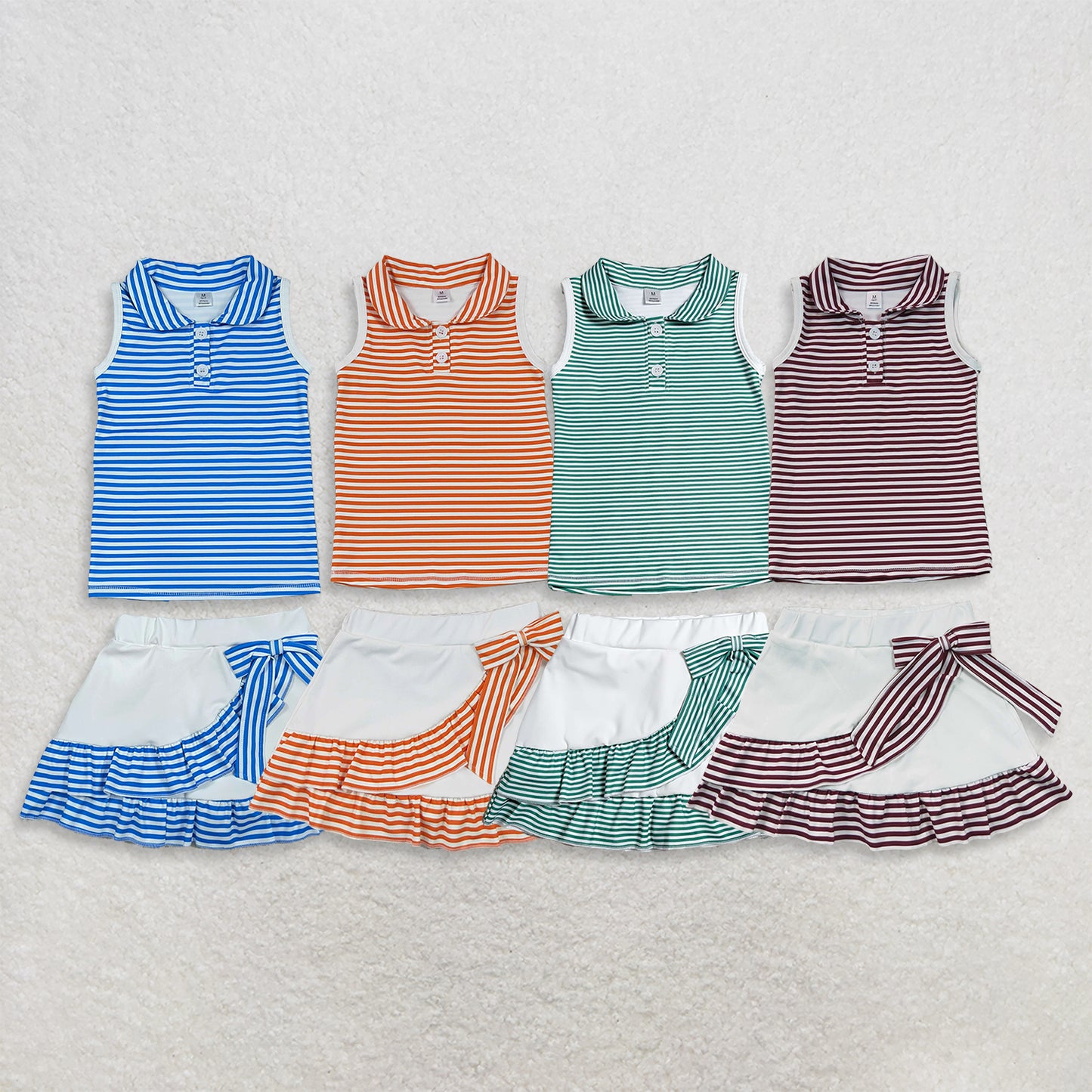 RTS Sibling yoga fabric Baby Girls Stripe Button Vest Ruffle Edge Built In Short Skort Yoga Set