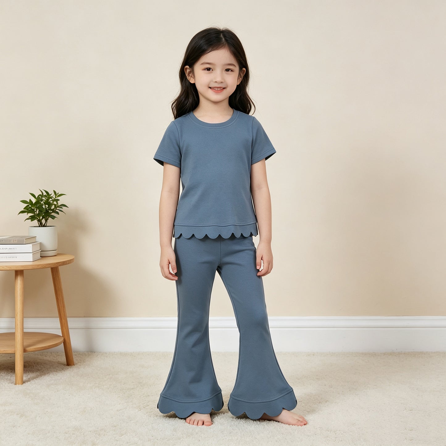 GSPO2339（GT1769+P1077）RTS NO MOQ （In stock）cotton Baby Girls Blue Short Sleeve Shirts Top Flare Pant Scallop Sets