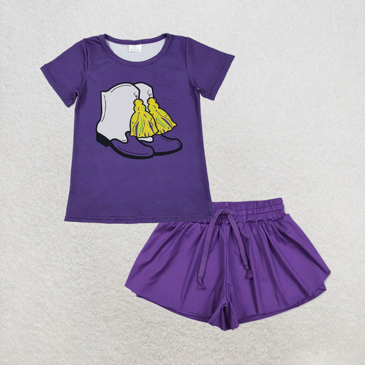 5.25 RTS NO MOQ （In stock）GT1254+SS0602  Short sleeves purple western boots kids girls summer topwith activewear summer yoga shorts
