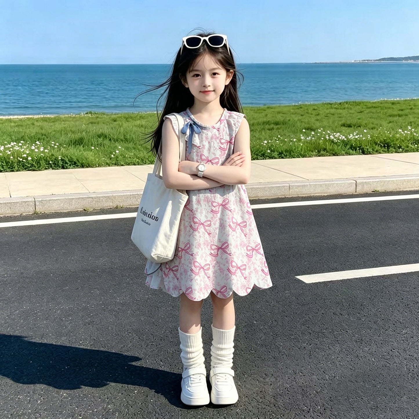 GSD2572 RTS NO MOQ （In stock ）Sleeveless floral pink bow girls summer athletic dress