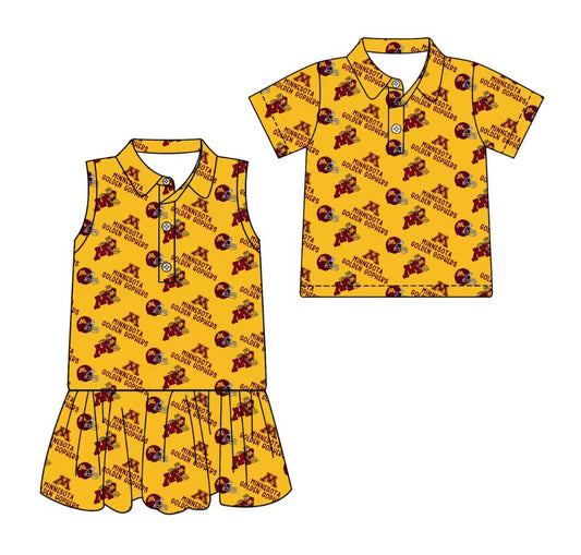3.17 CUSTOM MOQ 5 Sibling Boys Baby Girls Summer Fashion Short Sleeve Yellow Button Polo Shirts Sleeveless Dress Team Clothes Sets