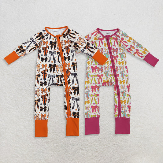 RTS Sibling Baby Colorful Bow Baby Girls Zipper Romper Halloween Pajamas Orange Black Bows Halloween Costume for Infants Toddler Girls