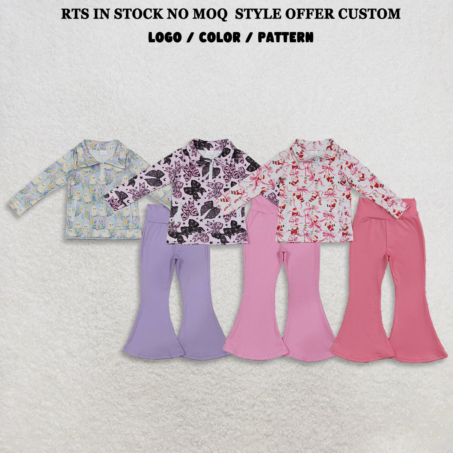 RTS NO MOQ Sibling Baby Girls Bows Ghosts Santa Zip Pullovers Bell Bottom Halloween Christmas Sets