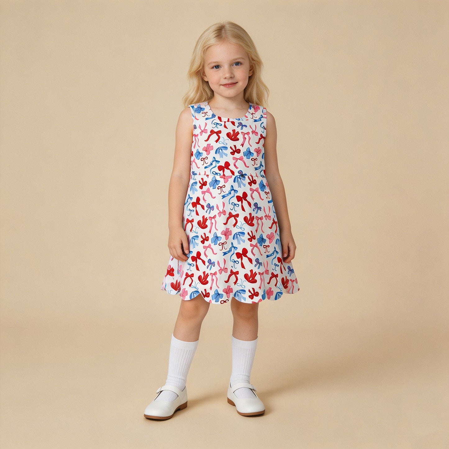 GSD3809 RTS NO MOQ （In stock）Red blue bow scallop kids girls 4th of july athletic dress（副本）