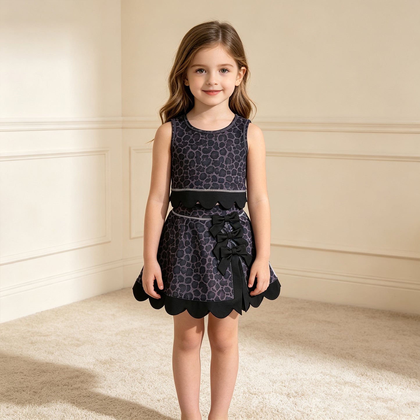 RTS NO MOQ （In stock）GSD4268 Yoga Sleeveless black leopard scallop top skirt girls active set