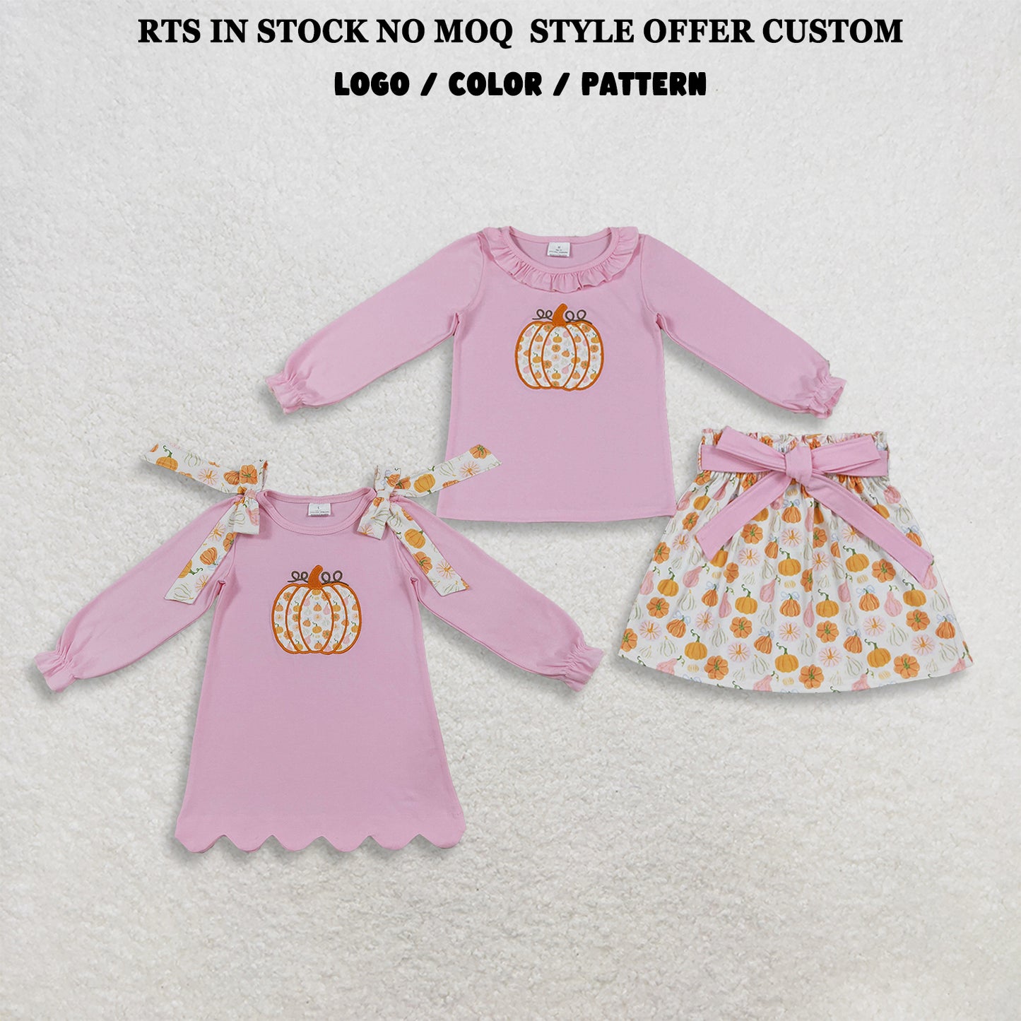RTS NO MOQ Sibling milk silk Embroidery Pumpkins Baby Girls Collar Tunic Bows Skirt Fall Clothes Sets Dresses