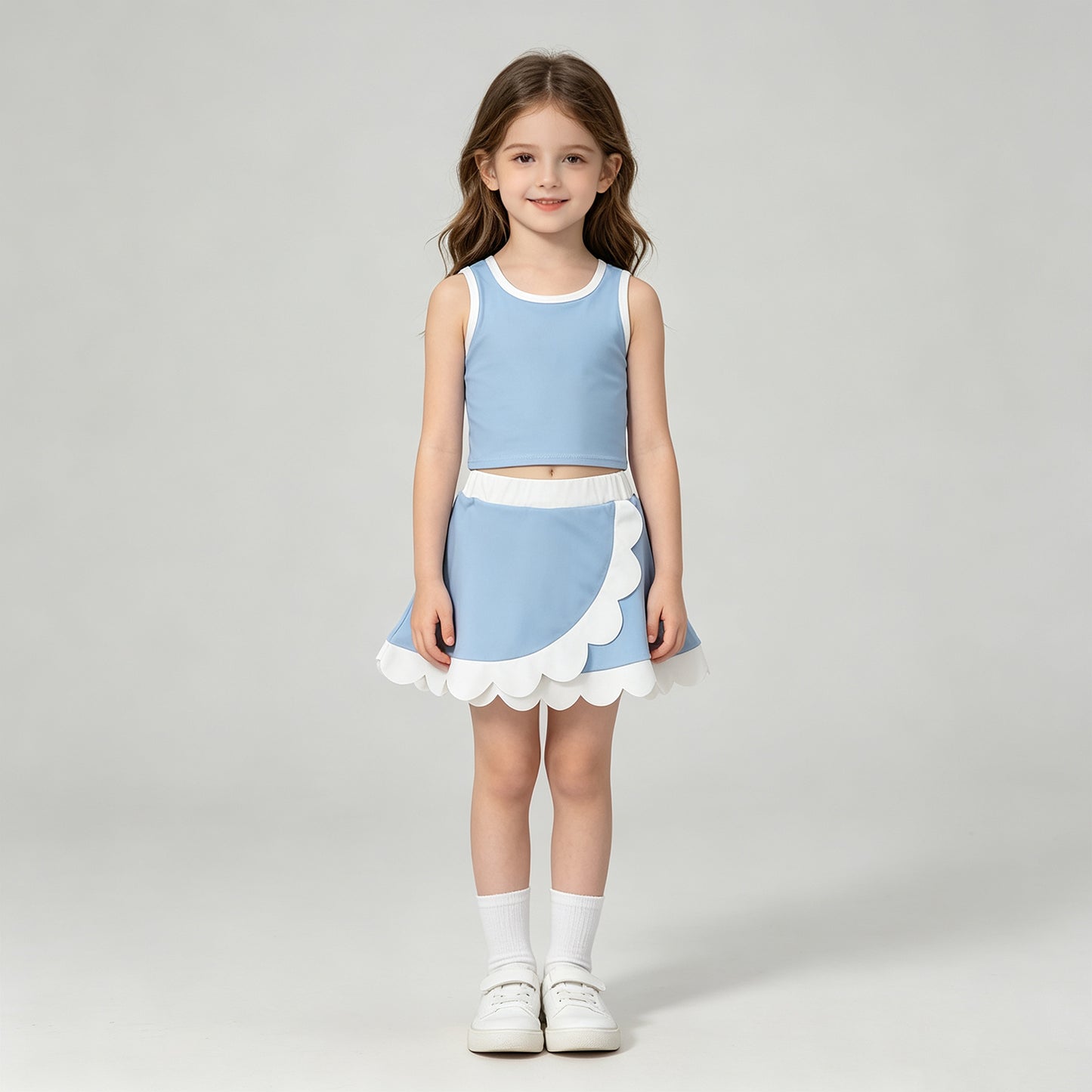 GSD4084 RTS NO MOQ （In stock）Light blue scallop princess girls summer active wear set