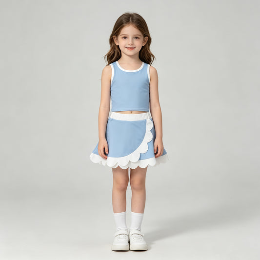 GSD4084 RTS NO MOQ （In stock）Light blue scallop princess girls summer active wear set
