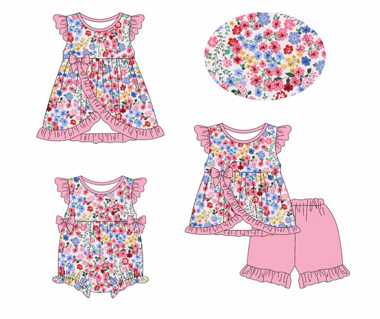 Flutter sleeves floral pink ruffle tunic shorts girls clothes