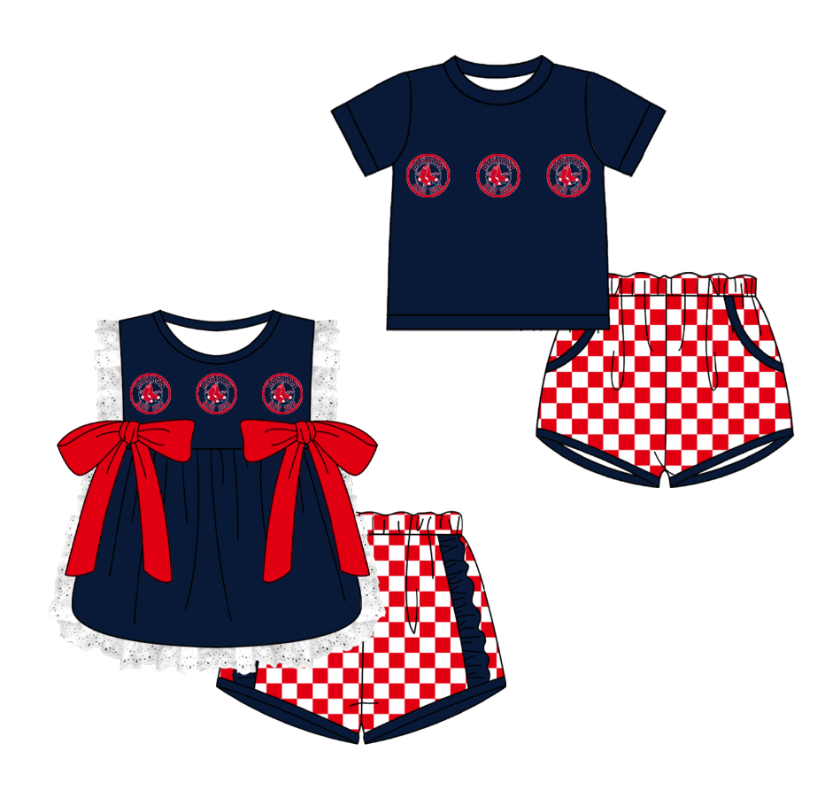 CUSTOM MOQ 5 Cute Comfortable Clothing For Kids Sibling Boys Baby Girls Summer Black Top Checked Shorts Team Clothes Sets