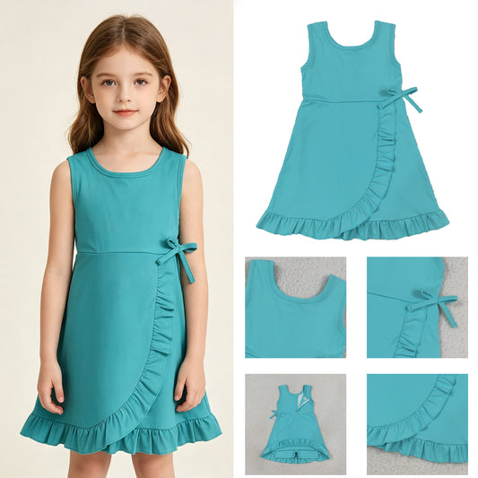 GSD3768 RTS NO MOQ （In stock） yoga fabric Baby Girls Blue Sleeveless Yoga Active Shorts Ruffle Knee Length Dresses