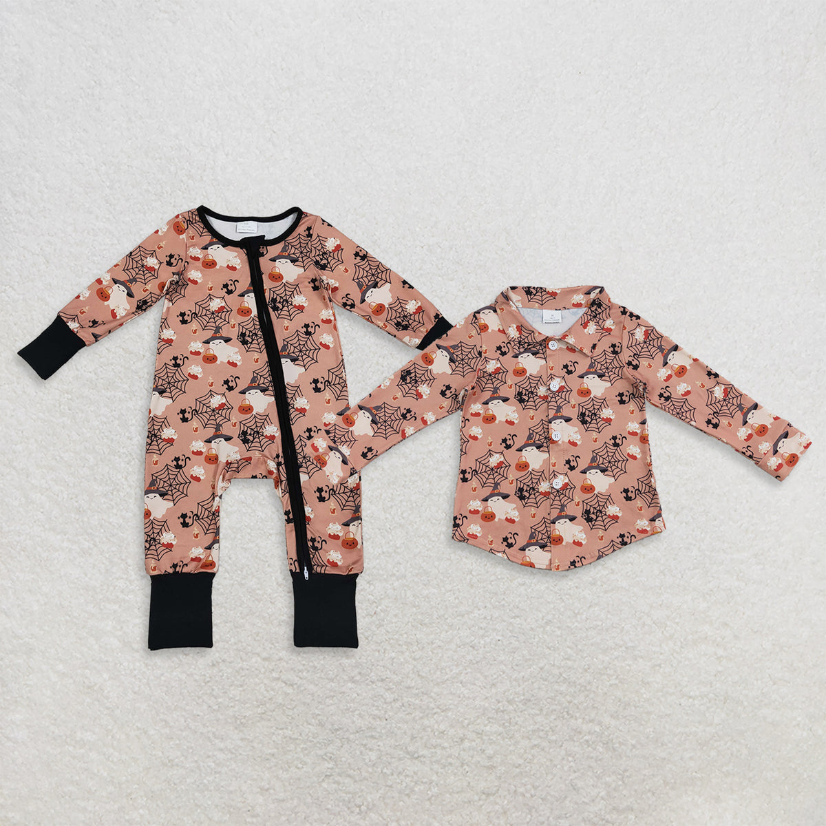 RTS NO MOQ Sibling milk silk Baby Boys Halloween Ghost Spider Web Pumpkin Print Zipper Romper And Button Shirt Matching Fall Outfit