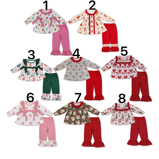 10.2 RTS Sibling Baby Girls Long Sleeves Gingerbread Santa Plaid Tunic Ruffle Pants Christmas Sets