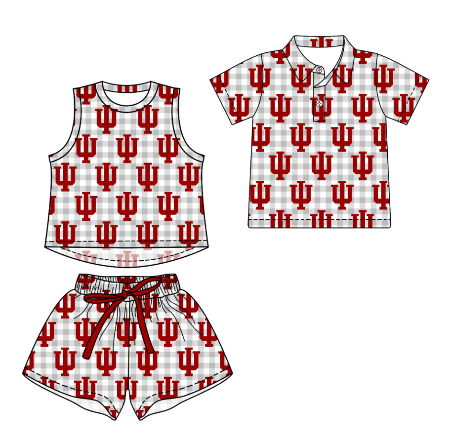 3.16 CUSTOM MOQ 5 Sibling Boys Baby Girls Summer Fashion Gray Check Red Sleeveless Top Shorts Button Polo Shirts Team Clothes Sets