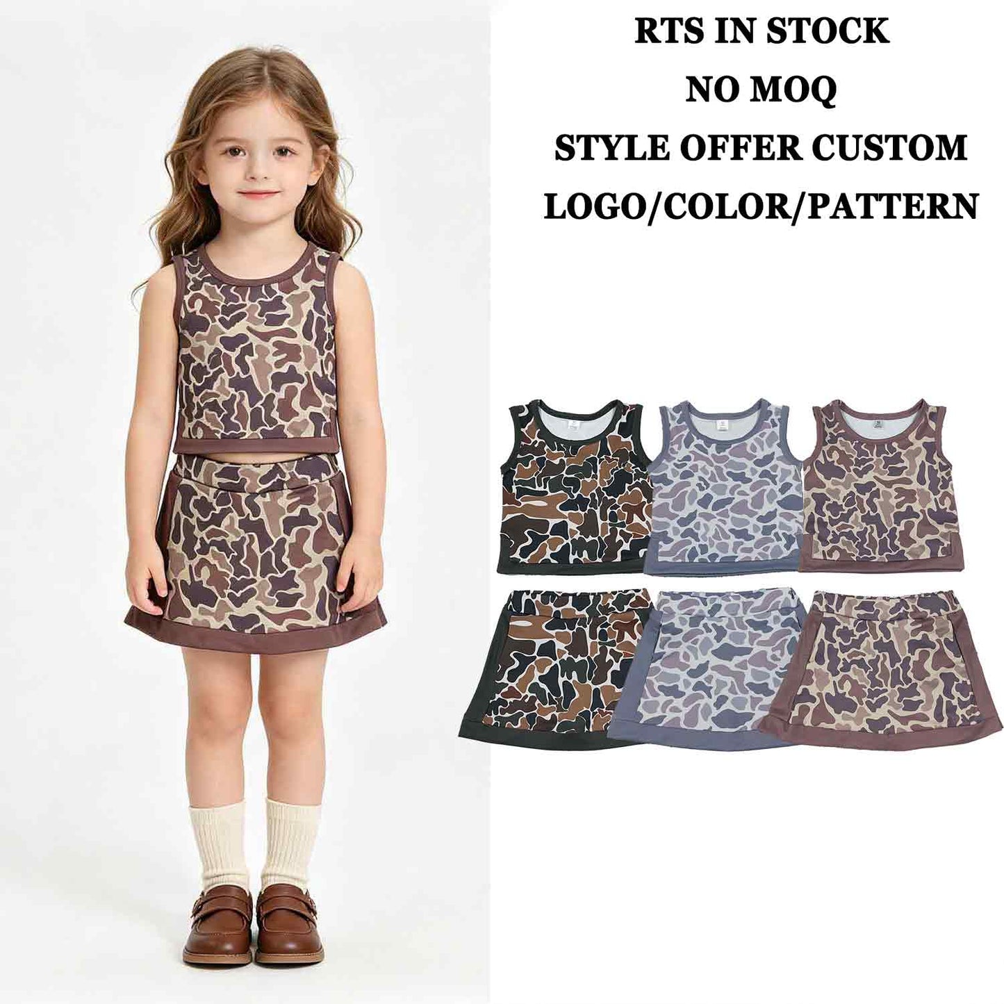 RTS NO MOQ Sibling Yoga fabric Baby Girls Southern  Camo Vest Skirt Short Yoga Active Clothes Set