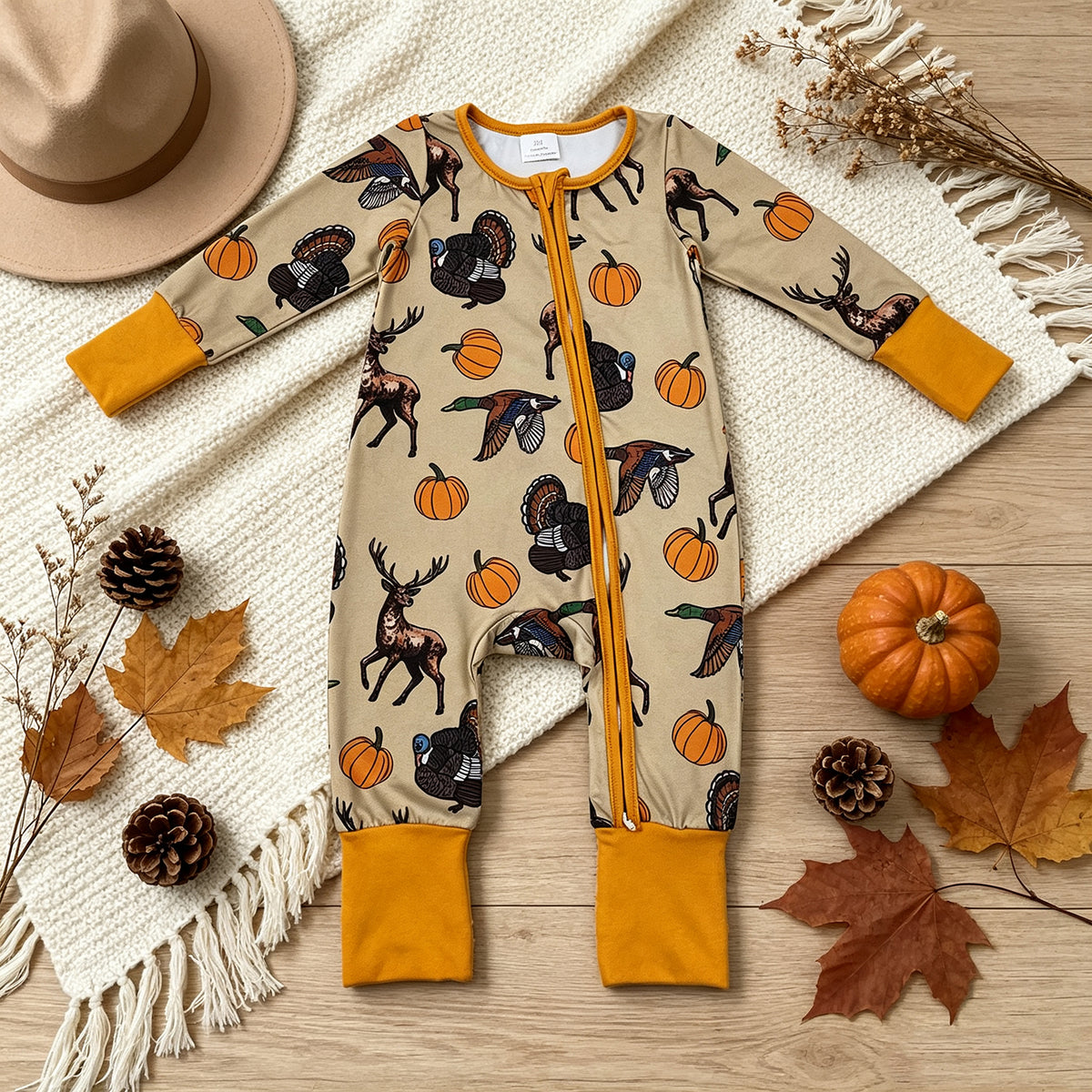 RTS NO MOQ milk silk LR3251 Baby Boys Pumpkins Turkey Ducks Deer Print Two Way Zip Front Convertible Thanksgivings  Romper
