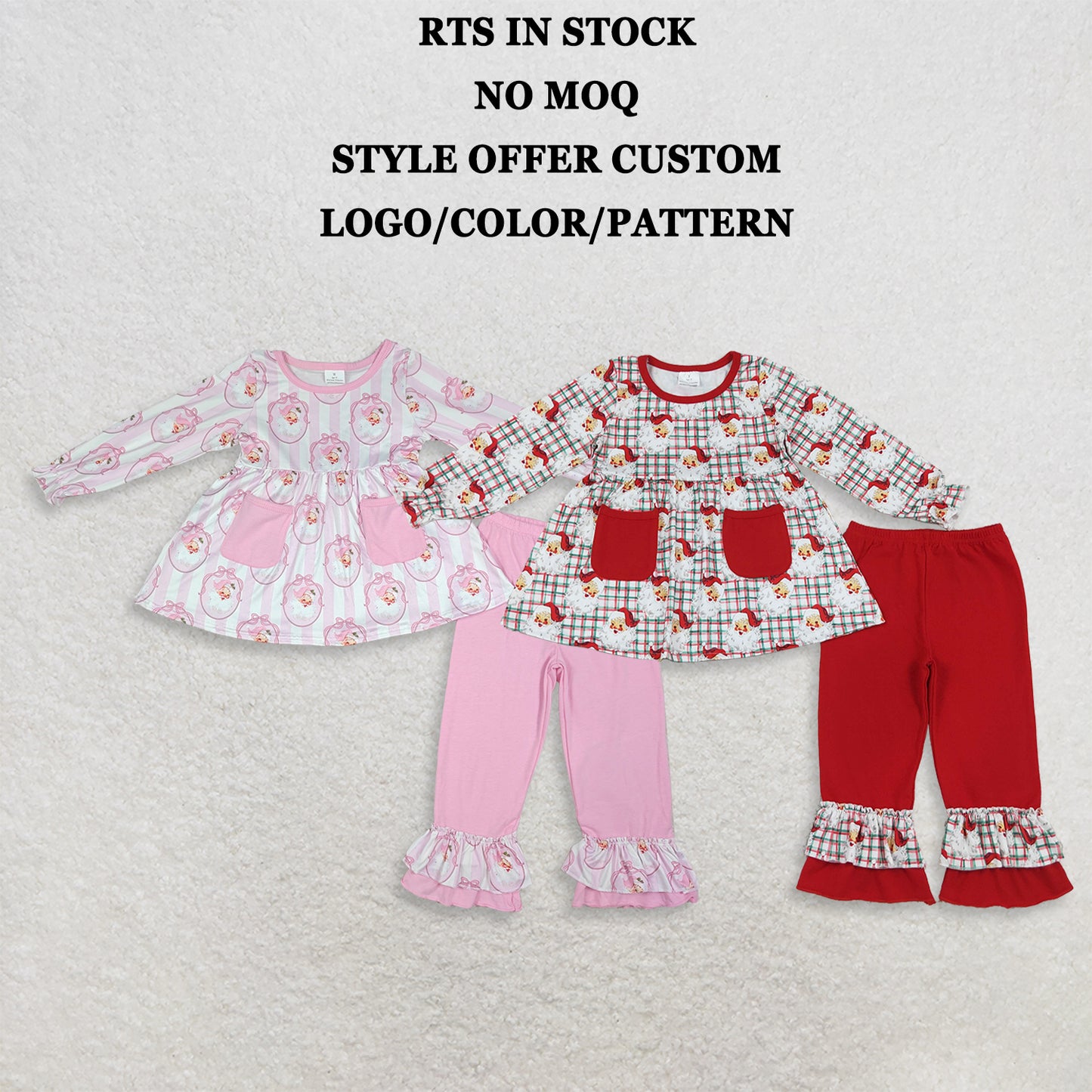 RTS NO MOQ Sibling milk silk Baby Girls Stripe Bows Santa Print Pockets Tunic Ruffle Pant Christmas Holiday Matching Outfit Clothes Sets