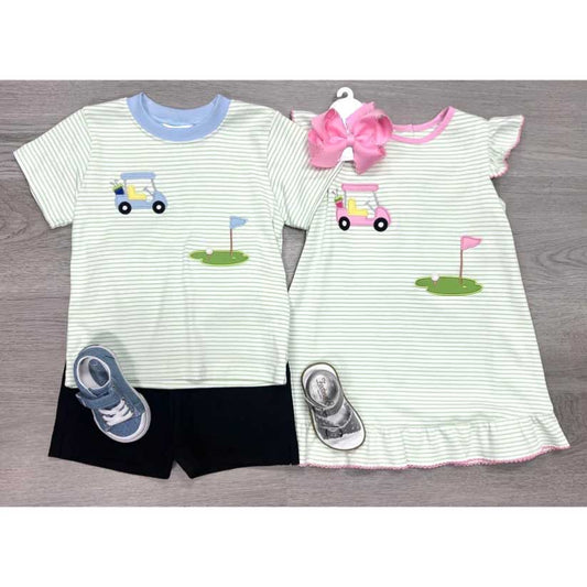 Baby Boys Golf Tee Shirts Black Shorts Clothing Sets and Baby Girls Summer Golf Flutter Sleeve Knee Length Dresses Preorder