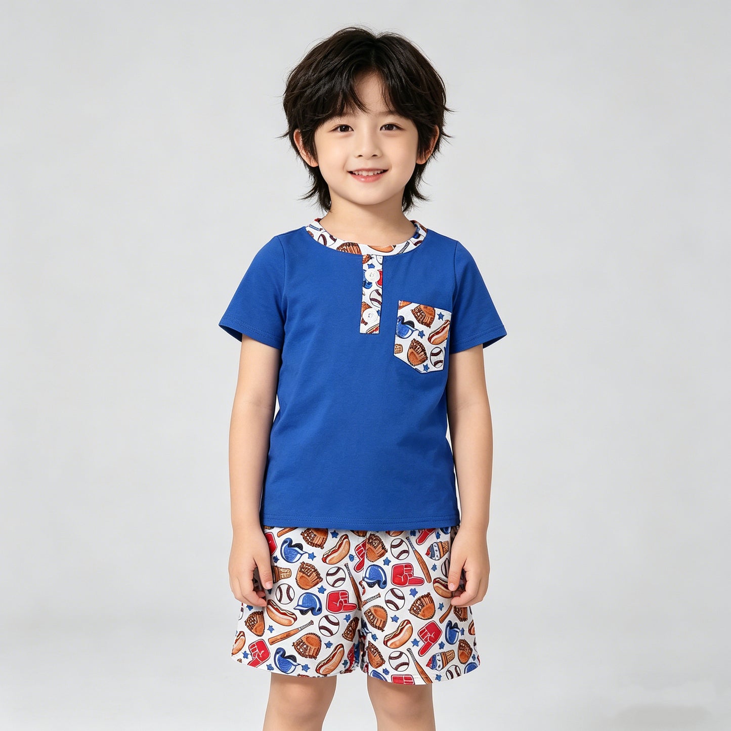 4.14 BSSO1922 RTS NO MOQ （In stock ）Short sleeves pocket top baseball shorts kids boys outfits