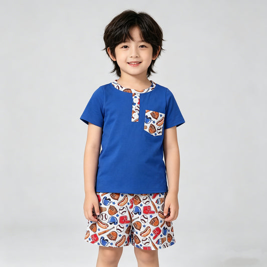 4.14 BSSO1922 RTS NO MOQ （In stock ）Short sleeves pocket top baseball shorts kids boys outfits