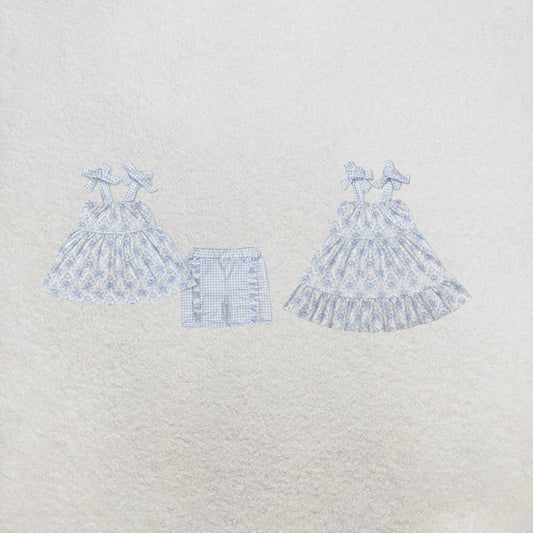 RTS Sibling Light blue plaid straps floral tunic shorts girls clothes and dress