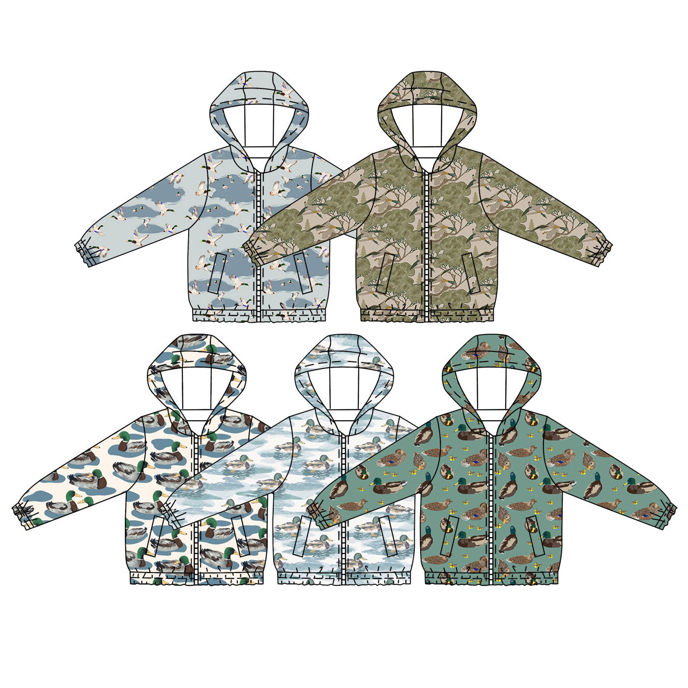 4.21 Pre order No Moq Baby Boys Lake Ducks Hunting Zipper Pockets Hoodie Jacket Top