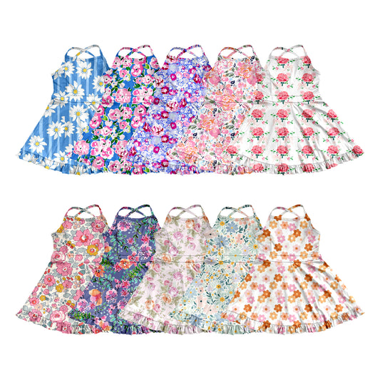 6.02   Pre order Kids Girls Pink Yellow Floral Ruffle Athletic Dresses Strap Style Floral Print Girls Dress Straps Pink Yellow Ruffle Kids Girls Dress