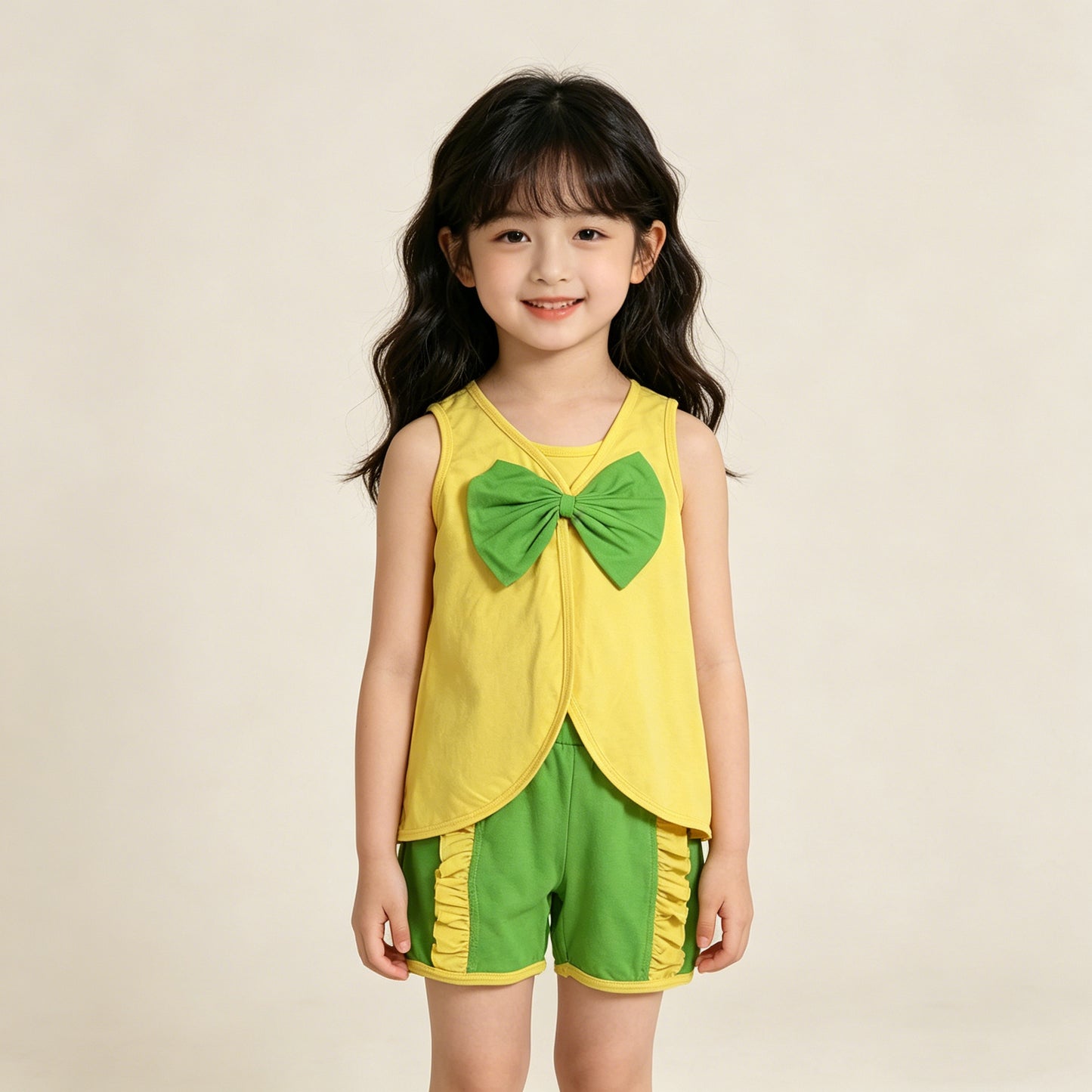 4.10 GSSO3464 RTS NO MOQ （In stock ）Sleeveless bow yellow purple blue shorts girls summer outfits