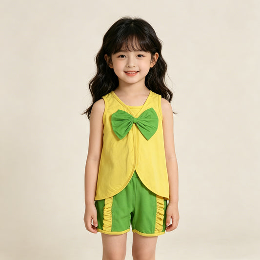 4.10 GSSO3464 RTS NO MOQ （In stock ）Sleeveless bow yellow purple blue shorts girls summer outfits