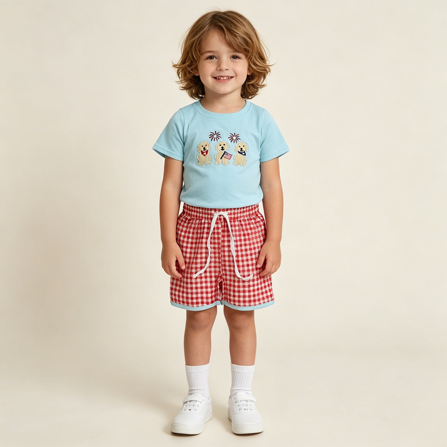 4.8 BSSO1934 RTS NO MOQ （In stock）Embroidery Flag Dogs Baby Boys Top Checked Shorts 4th of July Clothes Sets