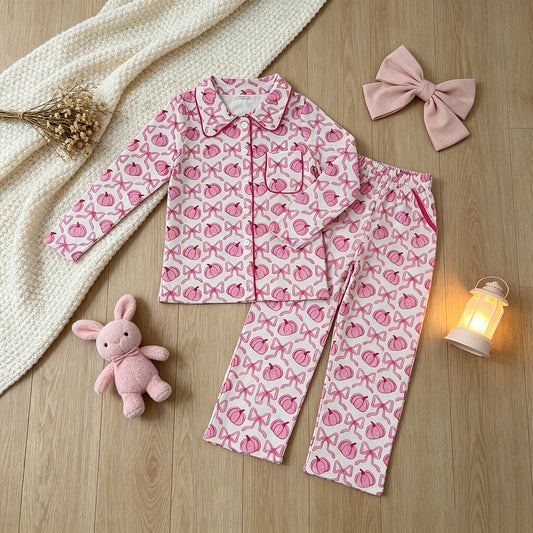 RTS NO MOQ （In stock）milk silk GLP3423 Adult Women Cute Bow Pumpkin Print Button Front Long Sleeve Top Pocket Pant Fall Pajama Set