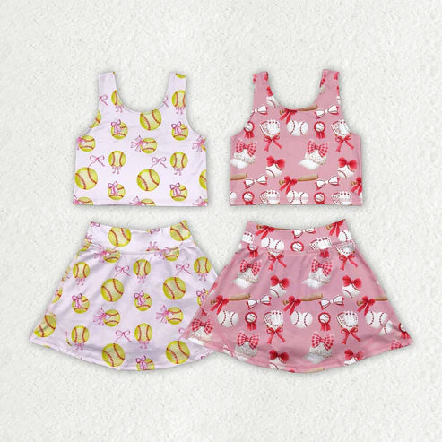 10.11 RTS Sibling Baby Girls Bows Baseballs Yoga Team Active Wear Top Shorts Skirts Clothes Sets