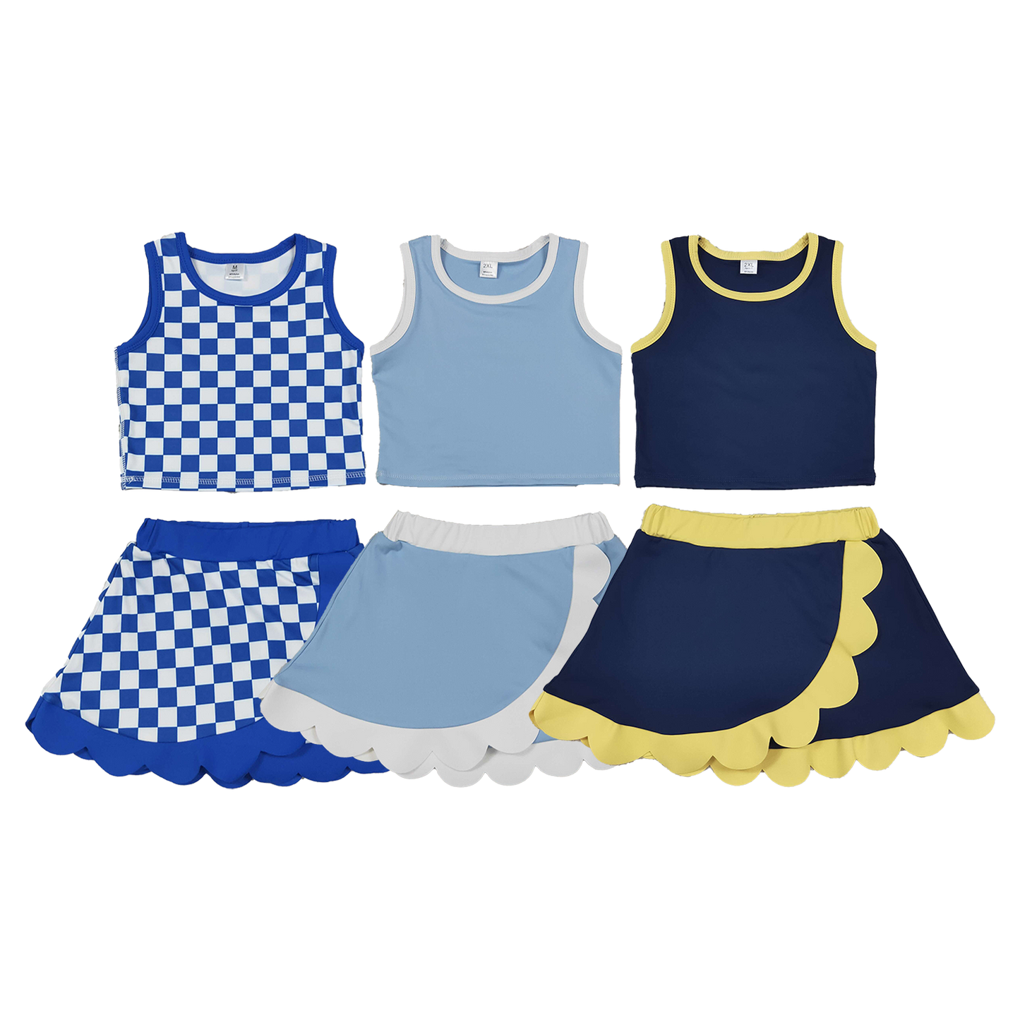 RTS Sibling yoga fabric Baby Girls Scallop Trim Crop Top Skort Two Piece Yoga Active Summer Outfit Set