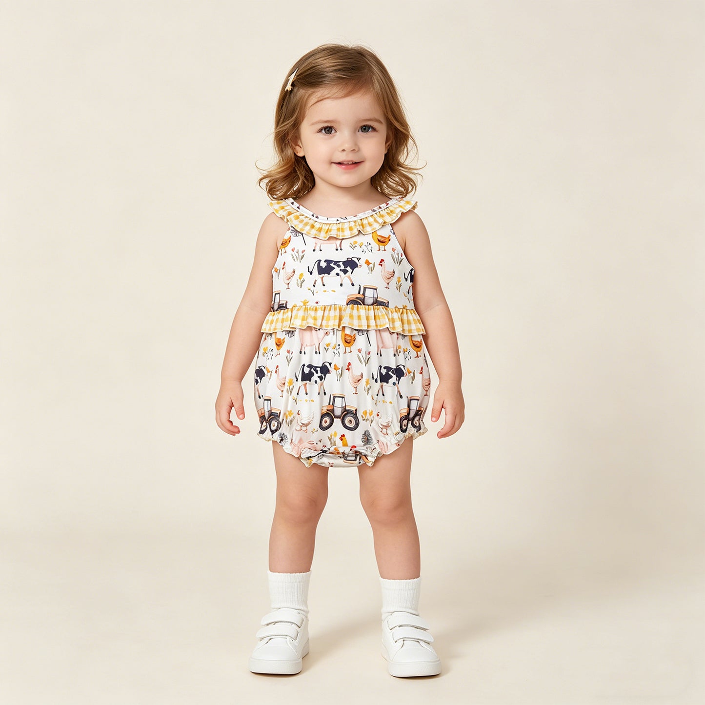SR3848 RTS NO MOQ （In stock）Yellow plaid ruffle sleeveless farm baby girls romper