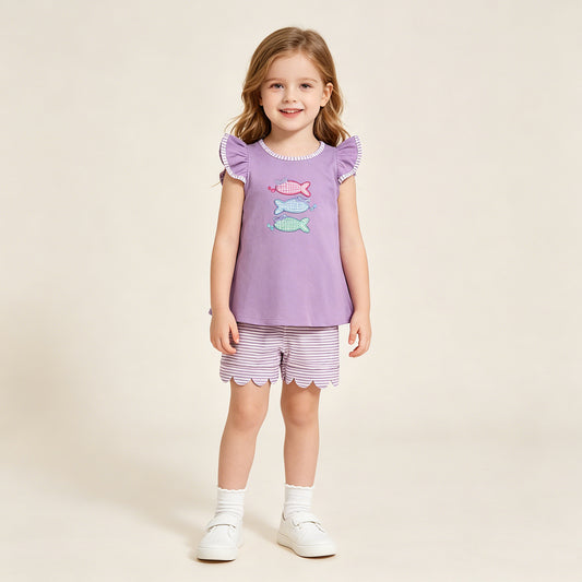 GSSO3242  RTS NO MOQ （In stock Baby Girls Embroidery Fishes  Tunic Scallop Stripe Shorts Hunting Clothes Sets