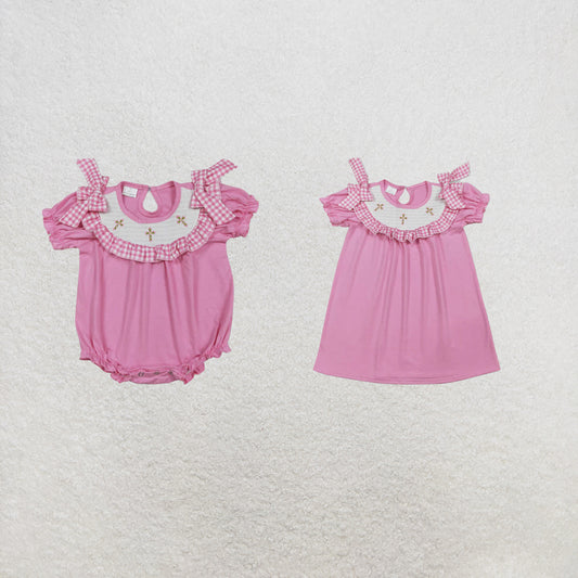 RTS Sibling Pink short sleeves cross smocked kids girls Easter dresses and romper