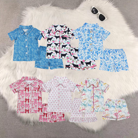RTS Sibling Baby Girls Blue cactus pocket top short girls summer pajamas