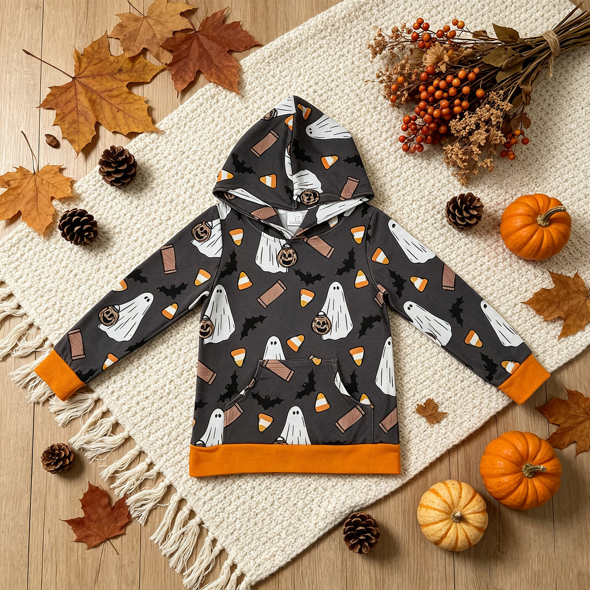 RTS NO MOQ （In stock）BT1898 milk silk Baby Boys Ghost Pumpkins Bats Halloween Pocket Hoodies Top