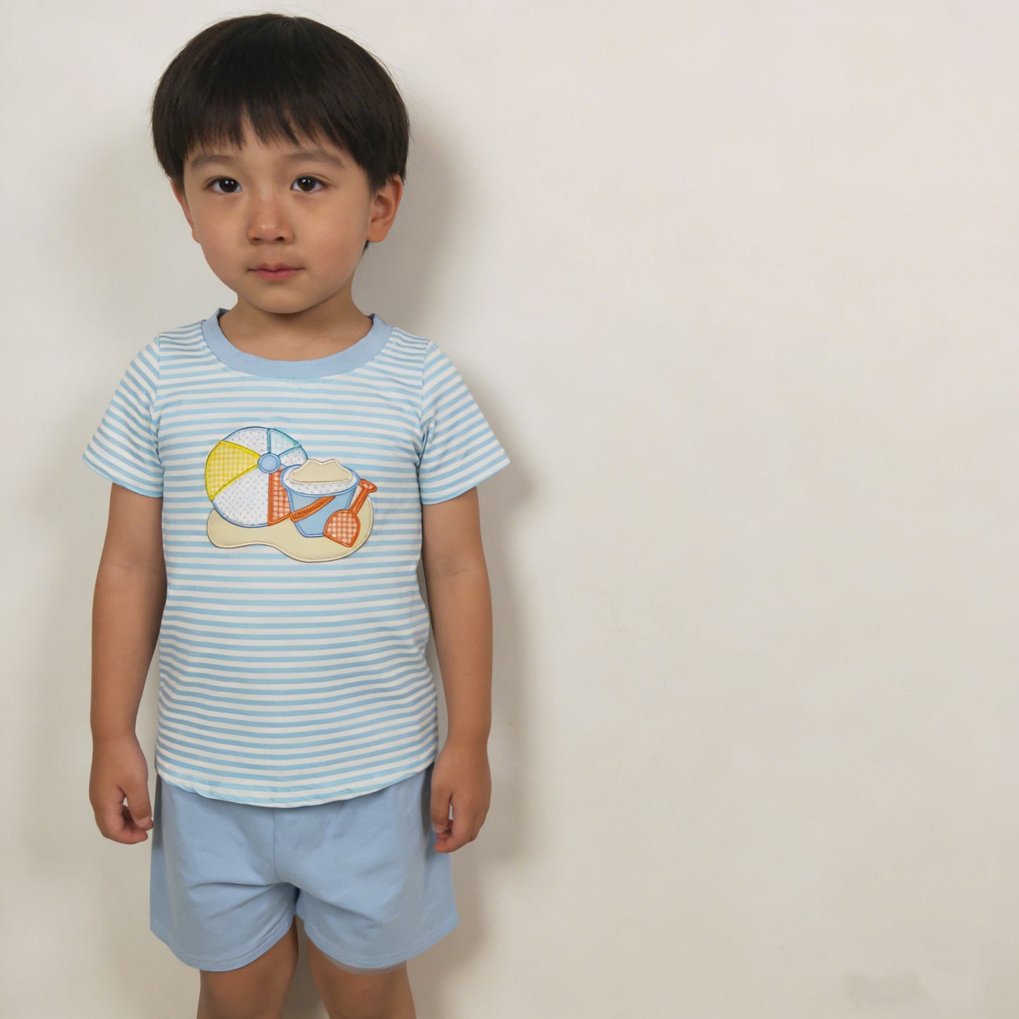 4.7 BSSO1834 RTS NO MOQ （In stock ）Embroidery Beach Baby Boys Blue Stripe Top Shorts Clothes