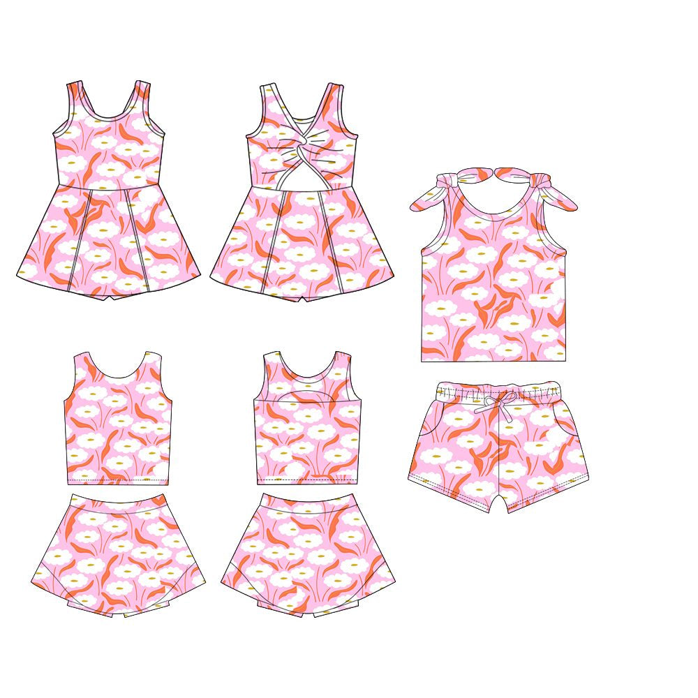 Girls’ Charming Pink-White Floral Sleeveless Active Top with Matching Skirt