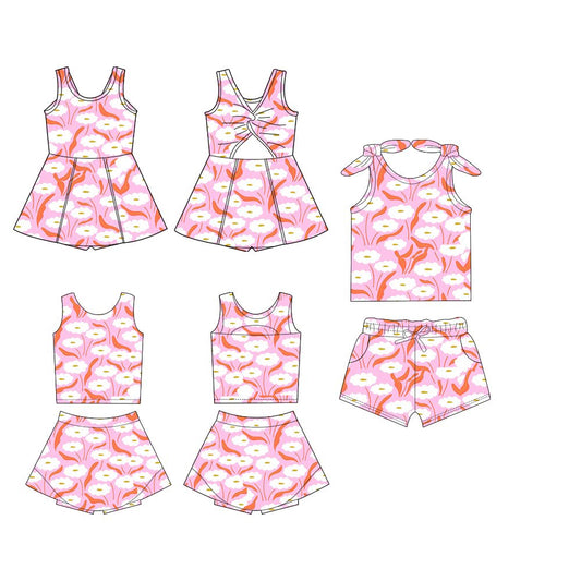 Girls’ Charming Pink-White Floral Sleeveless Active Top with Matching Skirt