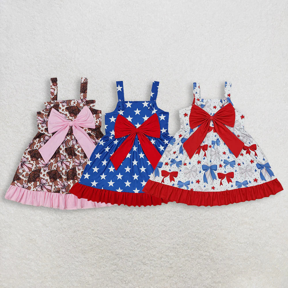 3.18 RTS Sibling Baby Girls Strap Bows Cows 4th of July Western Ruffle Knee Length Dresses