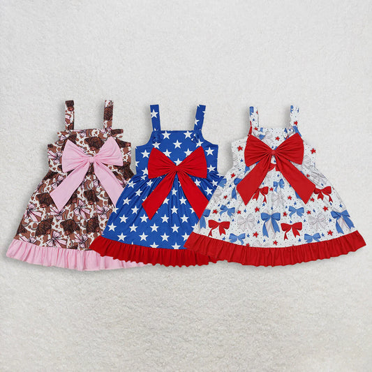 3.18 RTS Sibling Baby Girls Strap Bows Cows 4th of July Western Ruffle Knee Length Dresses