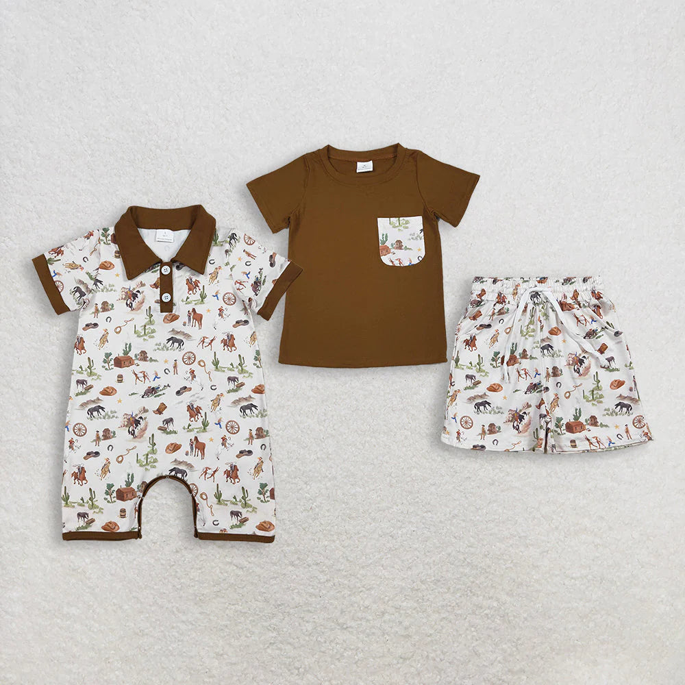 3.26 RTS Sibling Baby Boys Horse Rodeos Top Pockets Short Western Clothes Set Rompers
