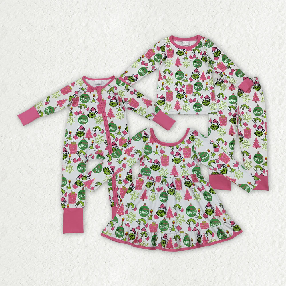 9.23 RTS Sibling Baby Girls Green Faces Trees Lights Christmas Ruffle Knee Length Dress Pajamas Sets Footie Rompers