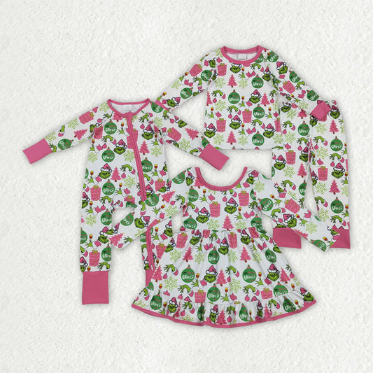 9.23 RTS Sibling Baby Girls Green Faces Trees Lights Christmas Ruffle Knee Length Dress Pajamas Sets Footie Rompers