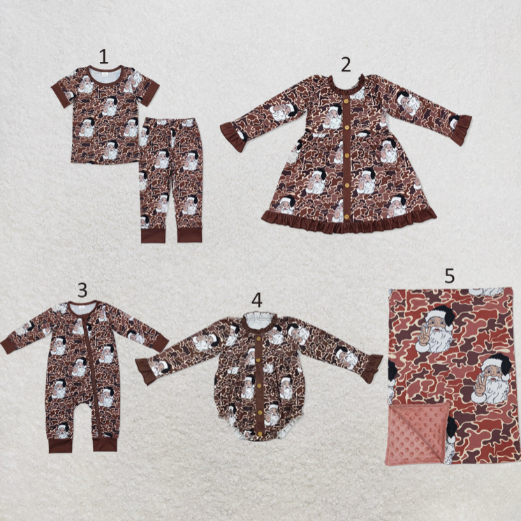 RTS Sibling milk silk Baby Girls And Boys Camo Santa Print Top Pants Pajamas Sets Dress Rompers Blankets