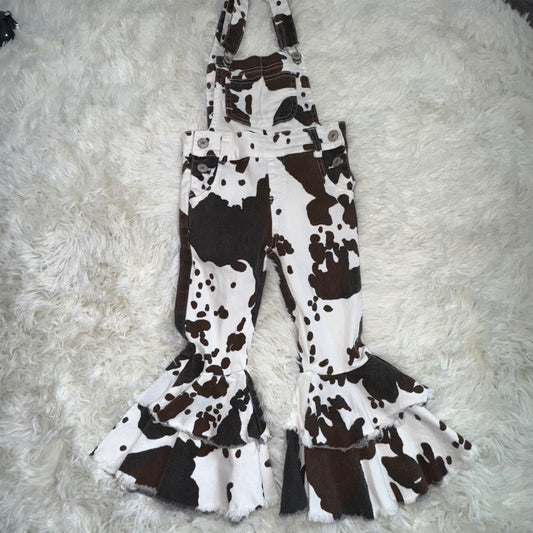 11.8 RST P0084 Baby Girls Cowhide Print Bib Bell Overall Jumpsuits